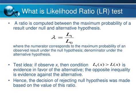  · the optimal test for simple null and alternative hypotheses that was developed by Neyman and Pearson (We skipped Neyman-Pearson lemma because we are short of time). . Likelihood ratio test null and alternative hypothesis